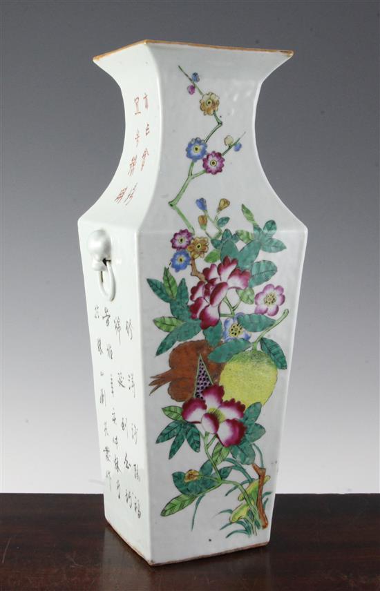 A large Chinese famille rose square baluster vase, Republic period, 43cm, restored hole to base